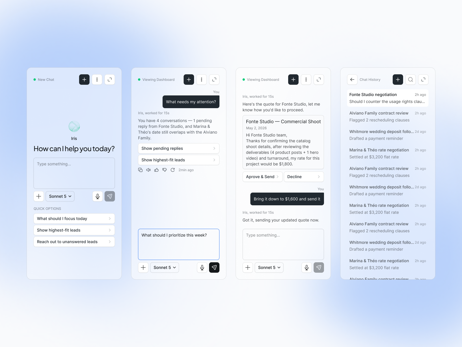 Chat widget across empty state, dashboard, conversation, and history views